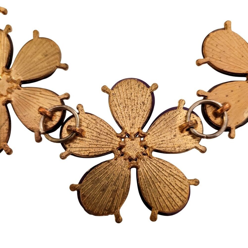 etc! Purple Rhinestone Floral Statement Necklace Gold Tone Chain 18" Adjustable - Picture 5 of 6